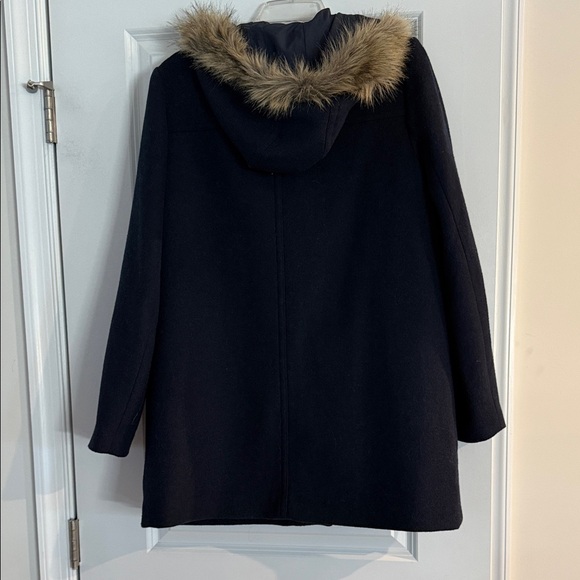 J Crew Factory Navy Hooded Coat with Faux Fur Trim - size 10 - Picture 3 of 3
